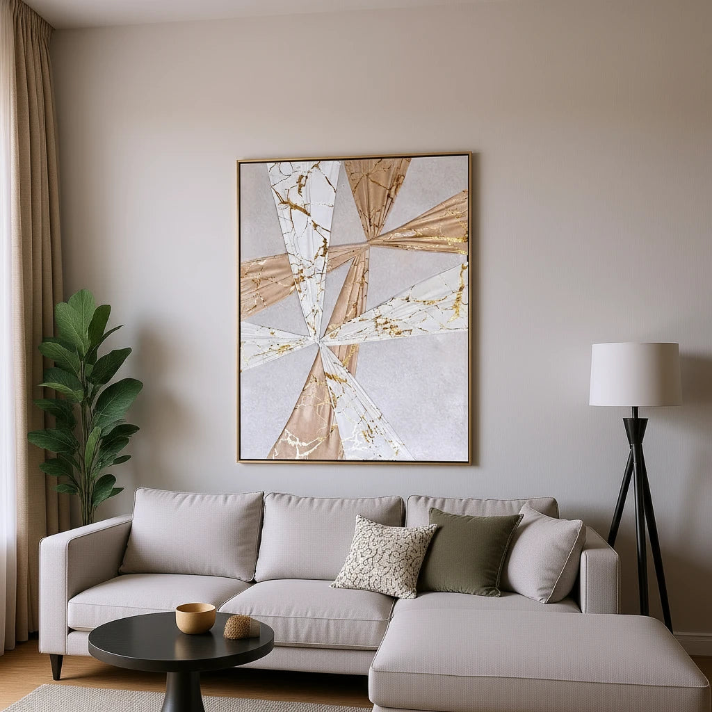 Beige and White Abstract Wall Frame with Gold Accents – Modern Wall Art