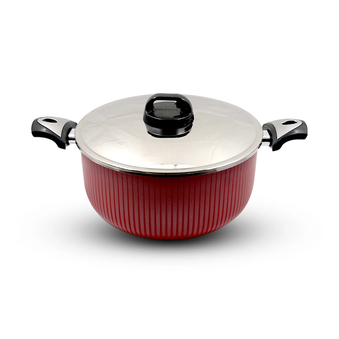 RED STRIPED NON-STICK COOKING POT WITH STAINLESS STEEL LID
