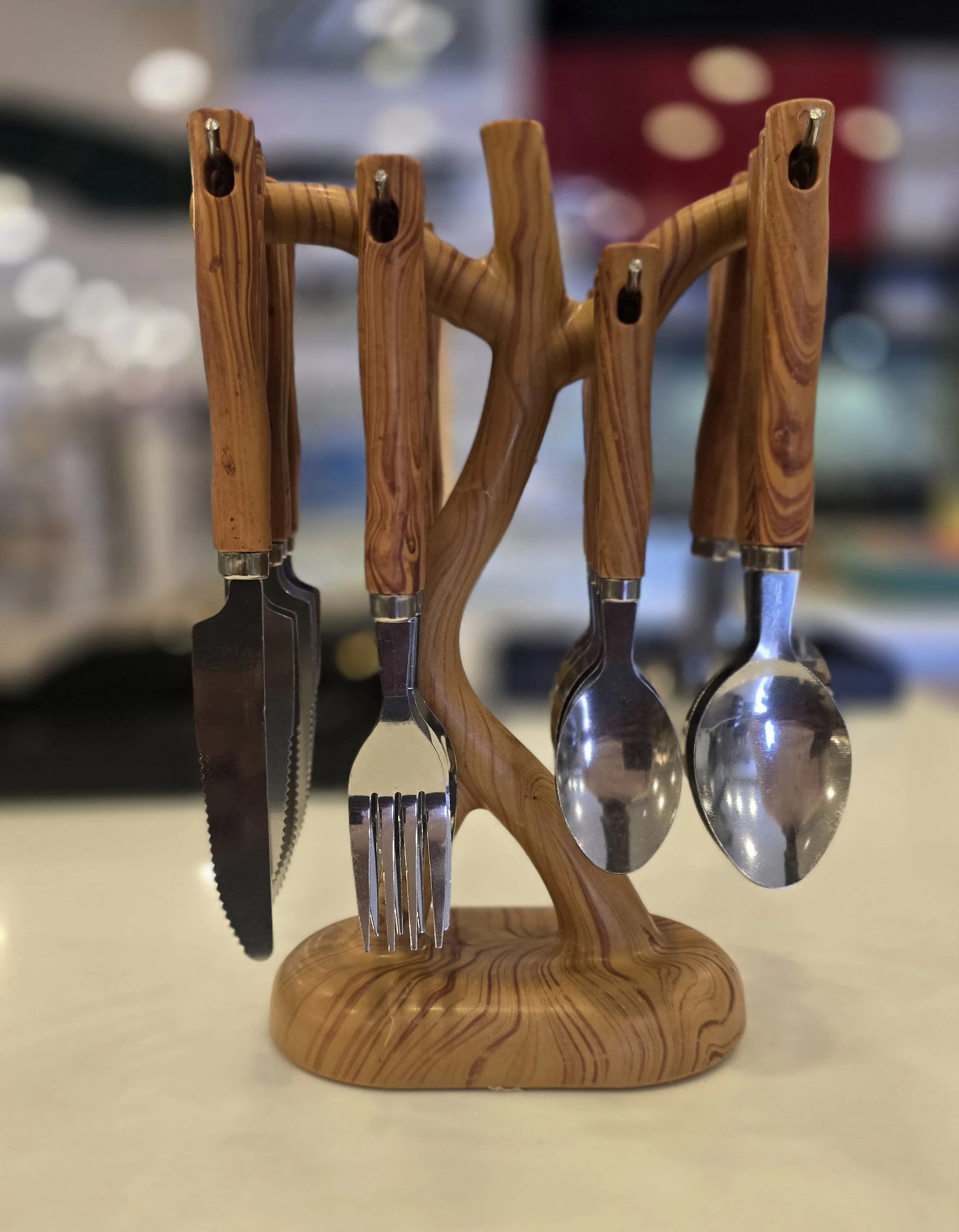 WOODEN CUTLERY SET WITH TREE STAND