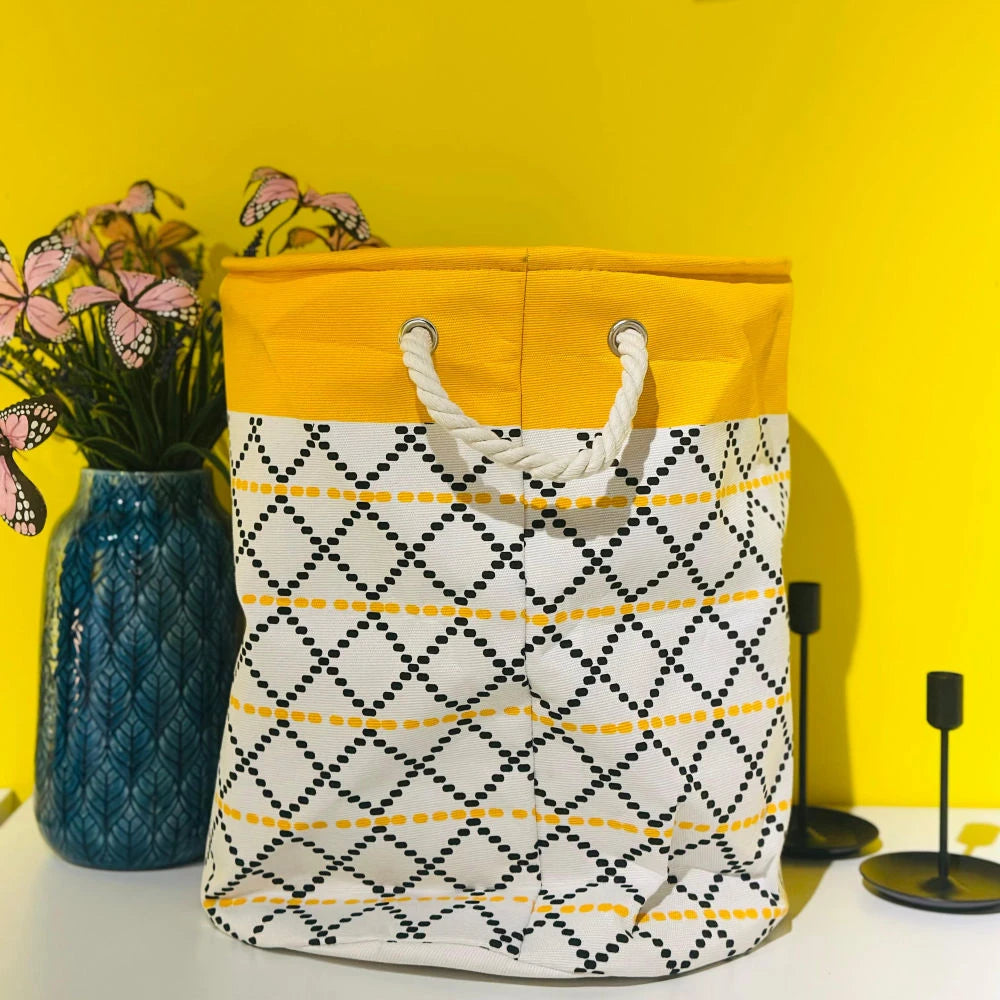 DOT LINE COTTON STORAGE BASKET WITH ROPE HANDLES / LAUNDRY BIN