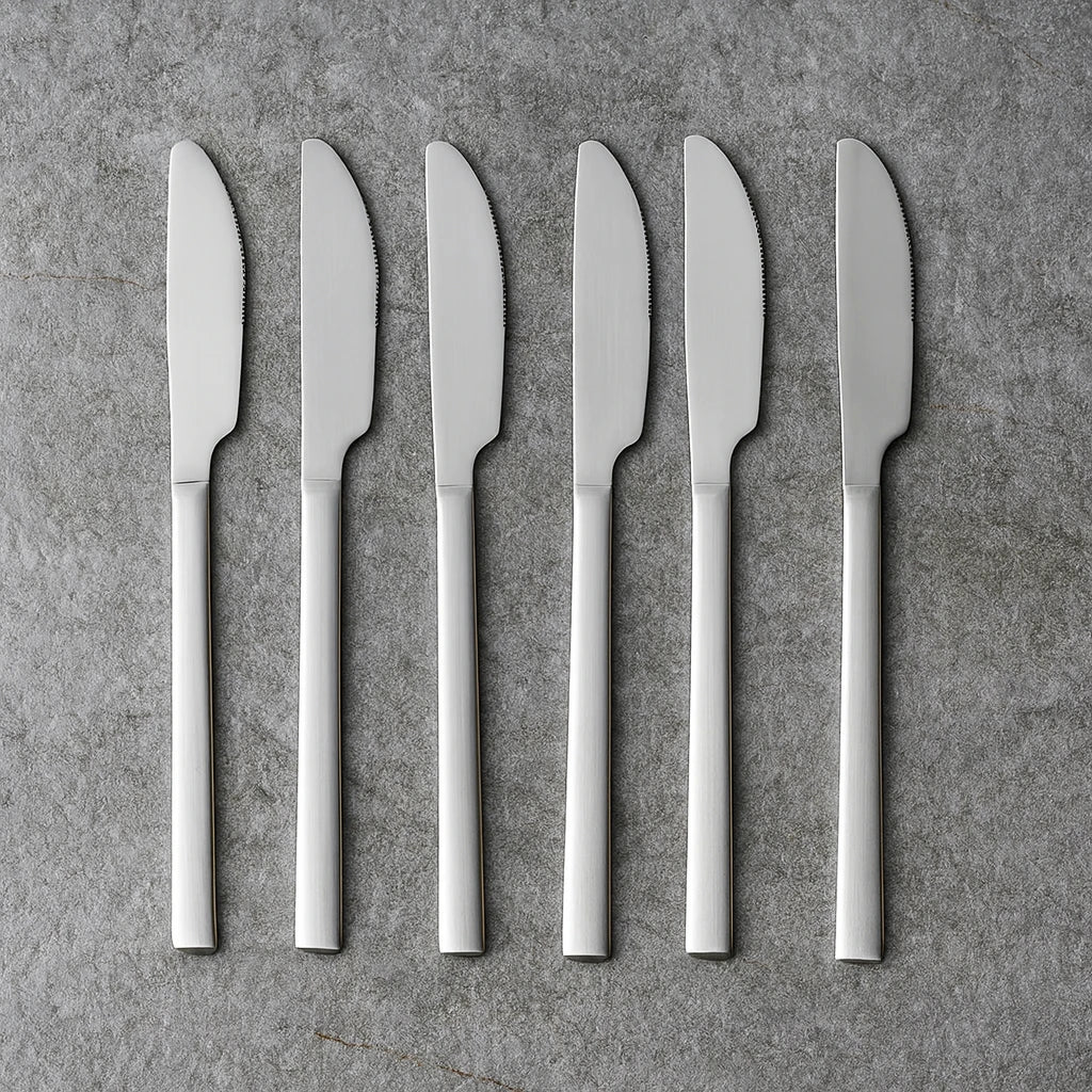 STAINLESS STEEL DINNER KNIFE SET – 6 PIECES | SQUARE EDGE HANDLE | MODERN TABLE KNIFE SET