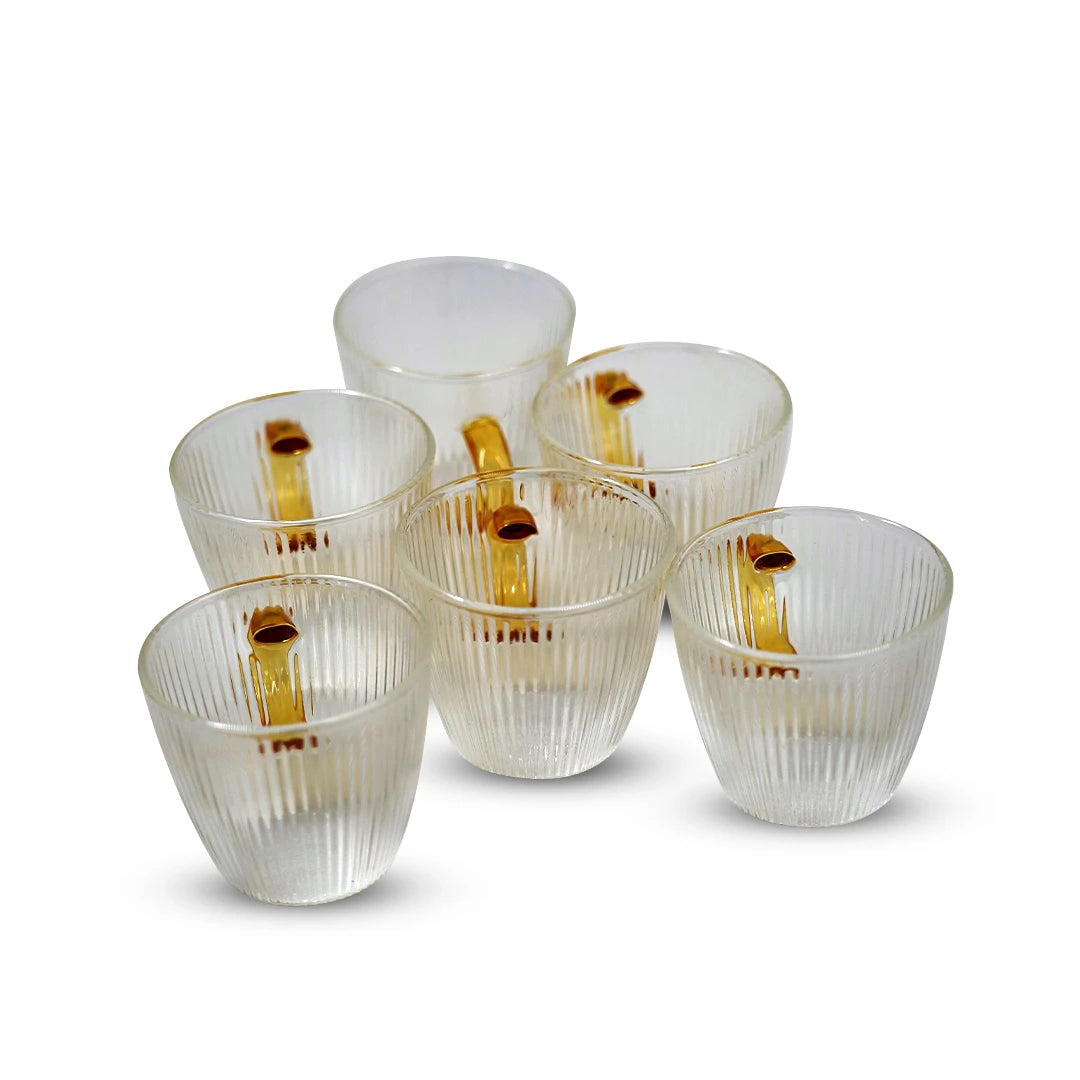 RIBBED GLASS TEA CUP SET WITH GOLDEN HANDLE – 6PCS