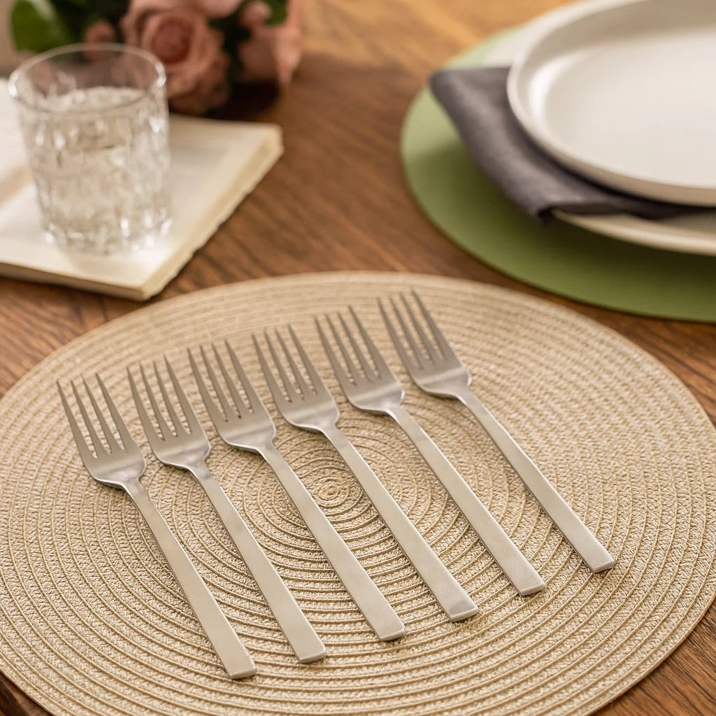 STAINLESS STEEL DINNER FORK SET – 6 PIECES | SQUARE EDGE HANDLE CUTLERY | MODERN TABLE FORKS