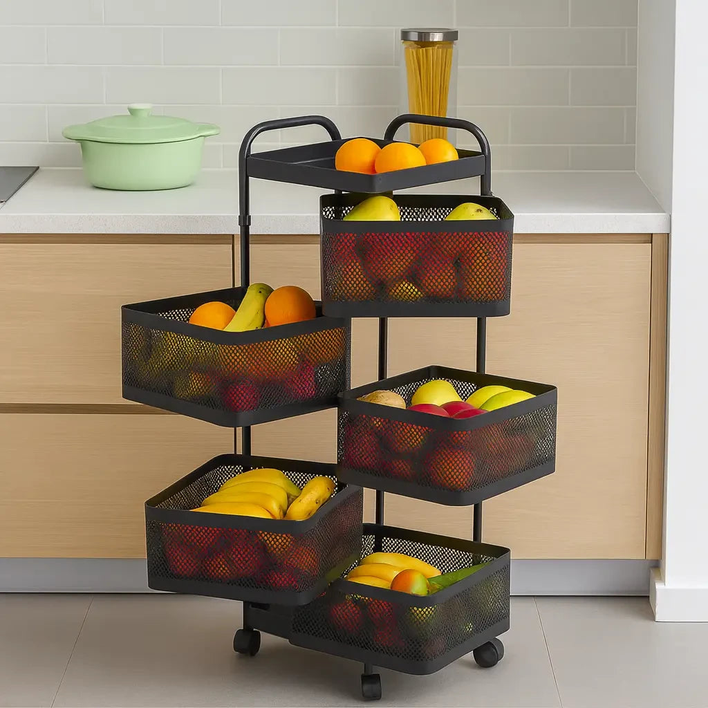 5-Tier Metal Kitchen Storage Rack with Handle / Portable Self-Rotating Metal Storage Trolley with Wheels