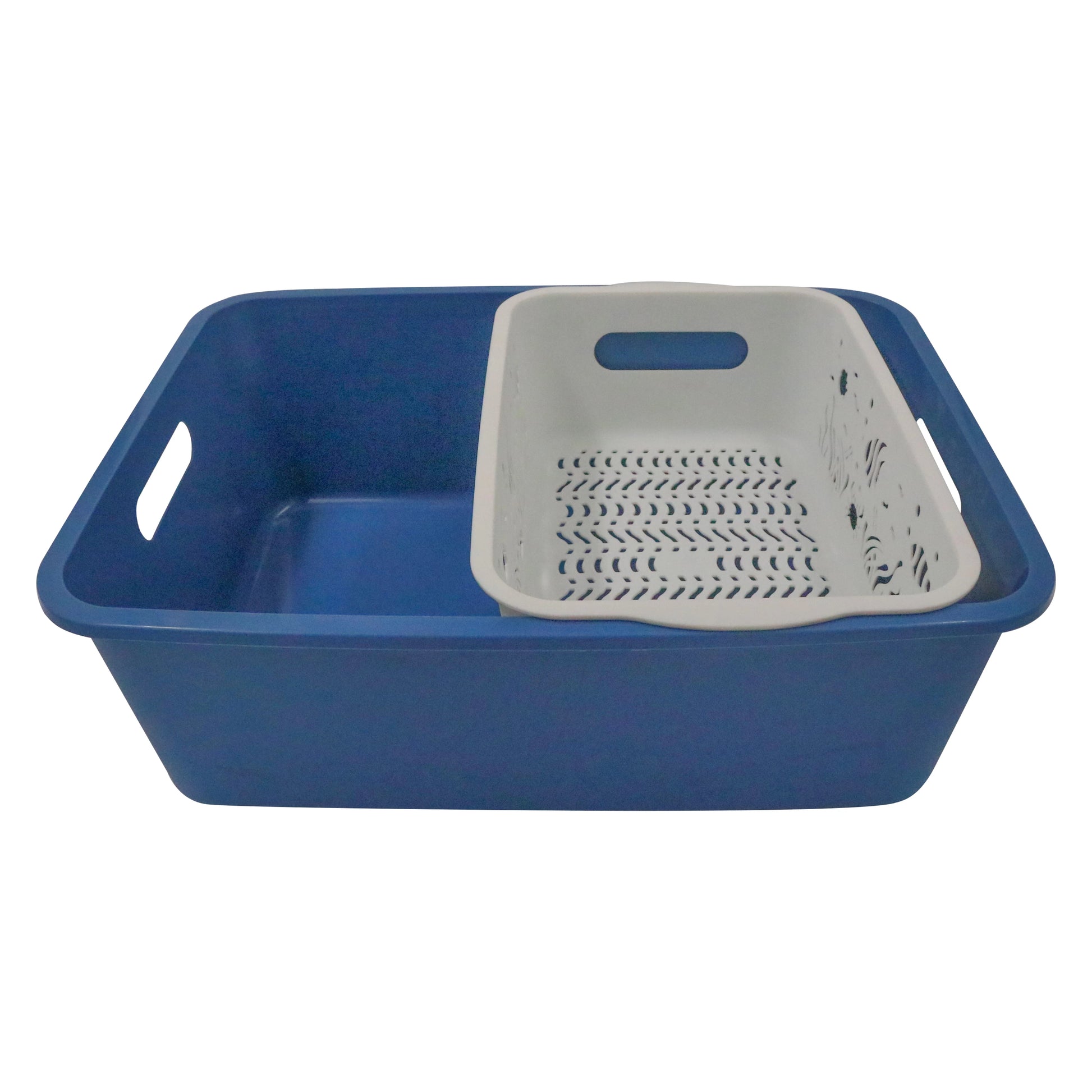 DUAL-COMPARTMENT DRAIN AND STORAGE BASKET-BLUE