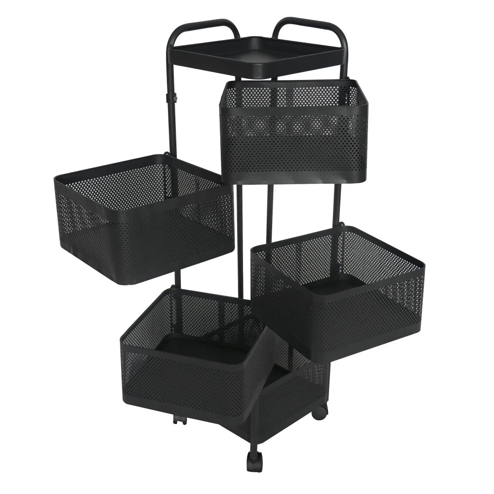 5-Tier Metal Kitchen Storage Rack with Handle / Portable Self-Rotating Metal Storage Trolley with Wheels
