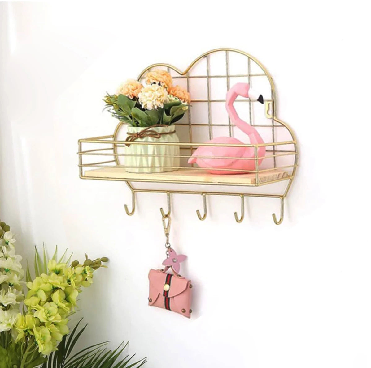 GOLD CLOUD SHAPE METAL WIRE SHELF WITH HOOKS