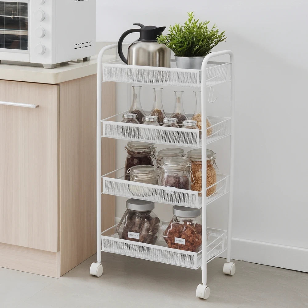 4-Tier Metal Mesh Storage Trolley / Multi-Purpose 4-Layer Metal Salon Trolley with Handle