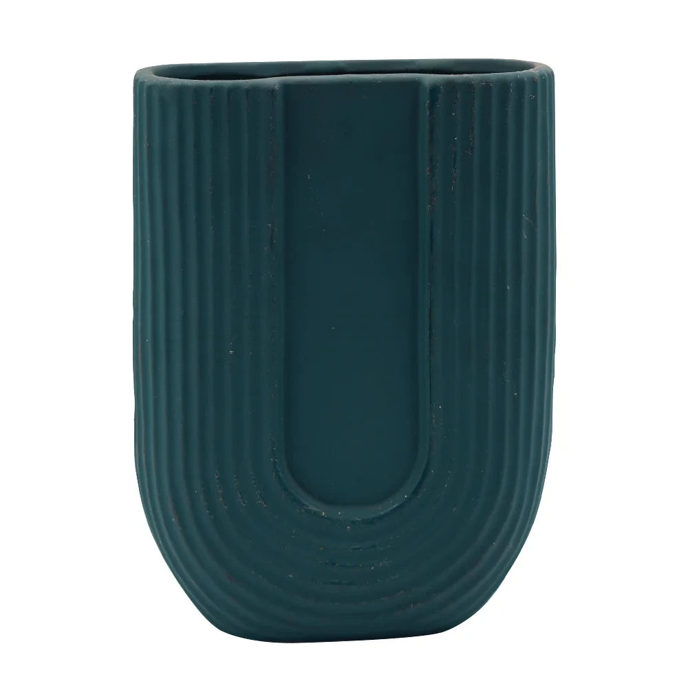 MATTE TEAL RIBBED CERAMIC VASE | U-SHAPED MODERN DECORATIVE VASE