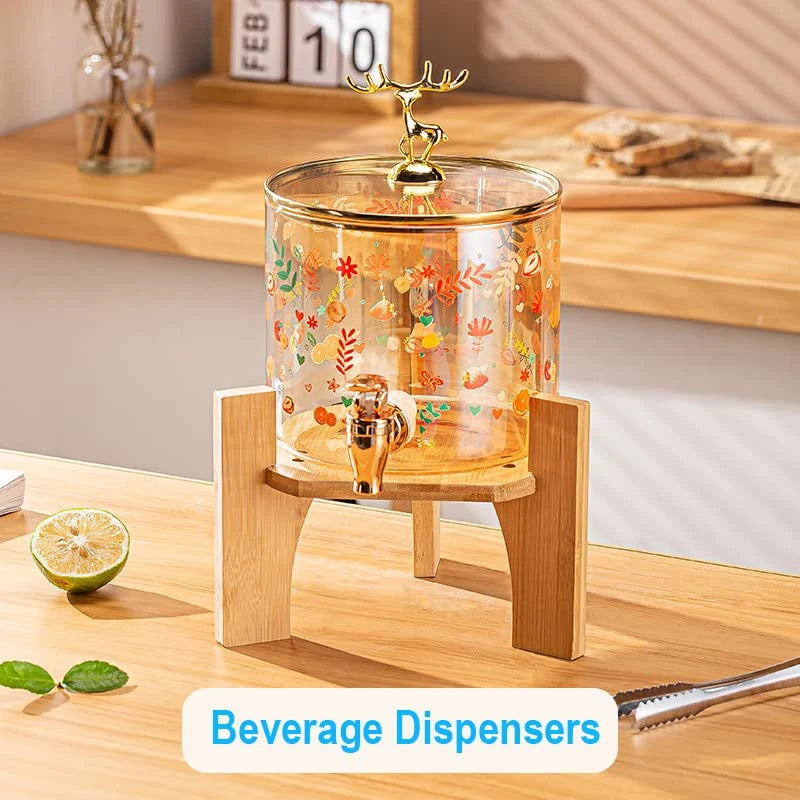 GOLDEN DEER FLORAL JUICE DISPENSER / ELEGANT DEER GLASS BEVERAGE SERVER