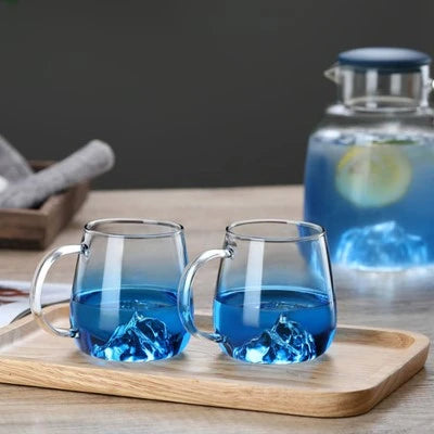 BLUE FROSTED MOUNTAIN GLASS TEA CUP / OCEAN BLUE GRADIENT GLASS MUG