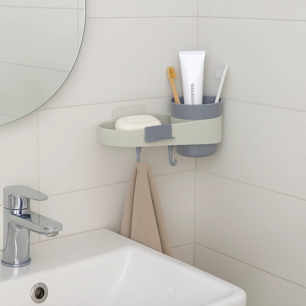Bathroom Wall Rack with Cup Holder and Hooks – Essentials Storage Organizer