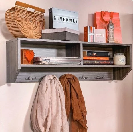 WOODEN FLOATING SHELF WITH CLOTH HOOKS