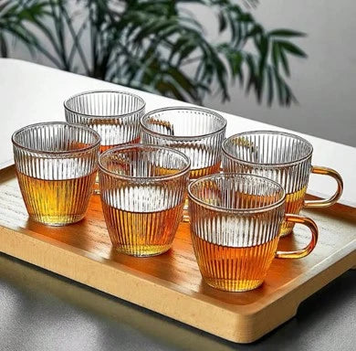 RIBBED GLASS TEA CUP SET WITH GOLDEN HANDLE – 6PCS