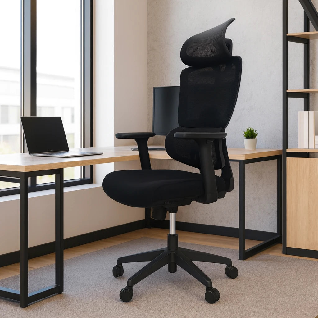 Black AeroFlex High-Back Ergonomic Office Chair with Adjustable Headrest and Lumbar Support