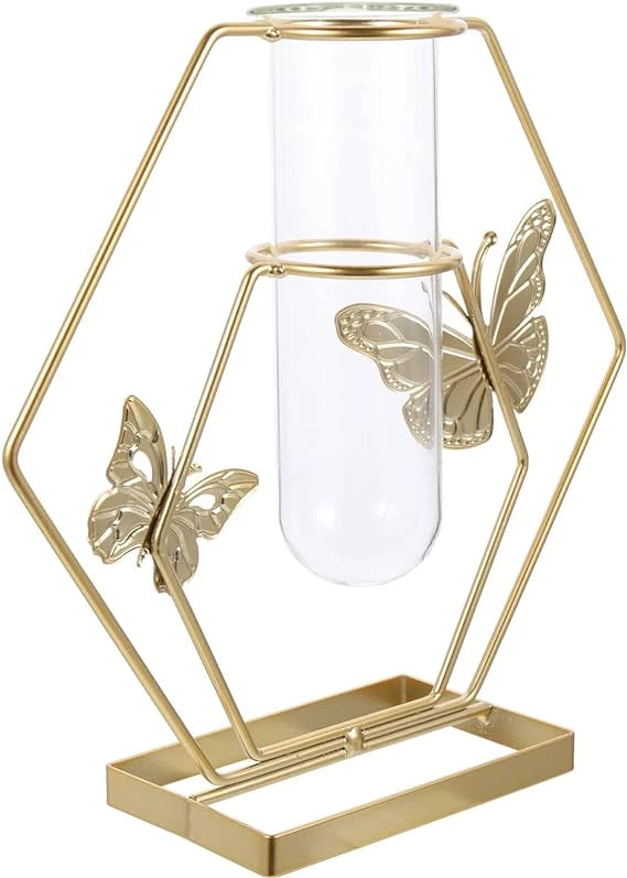 GOLD ASPIRE BUTTERFLY METAL HEXAGON CENTERPIECE VASE