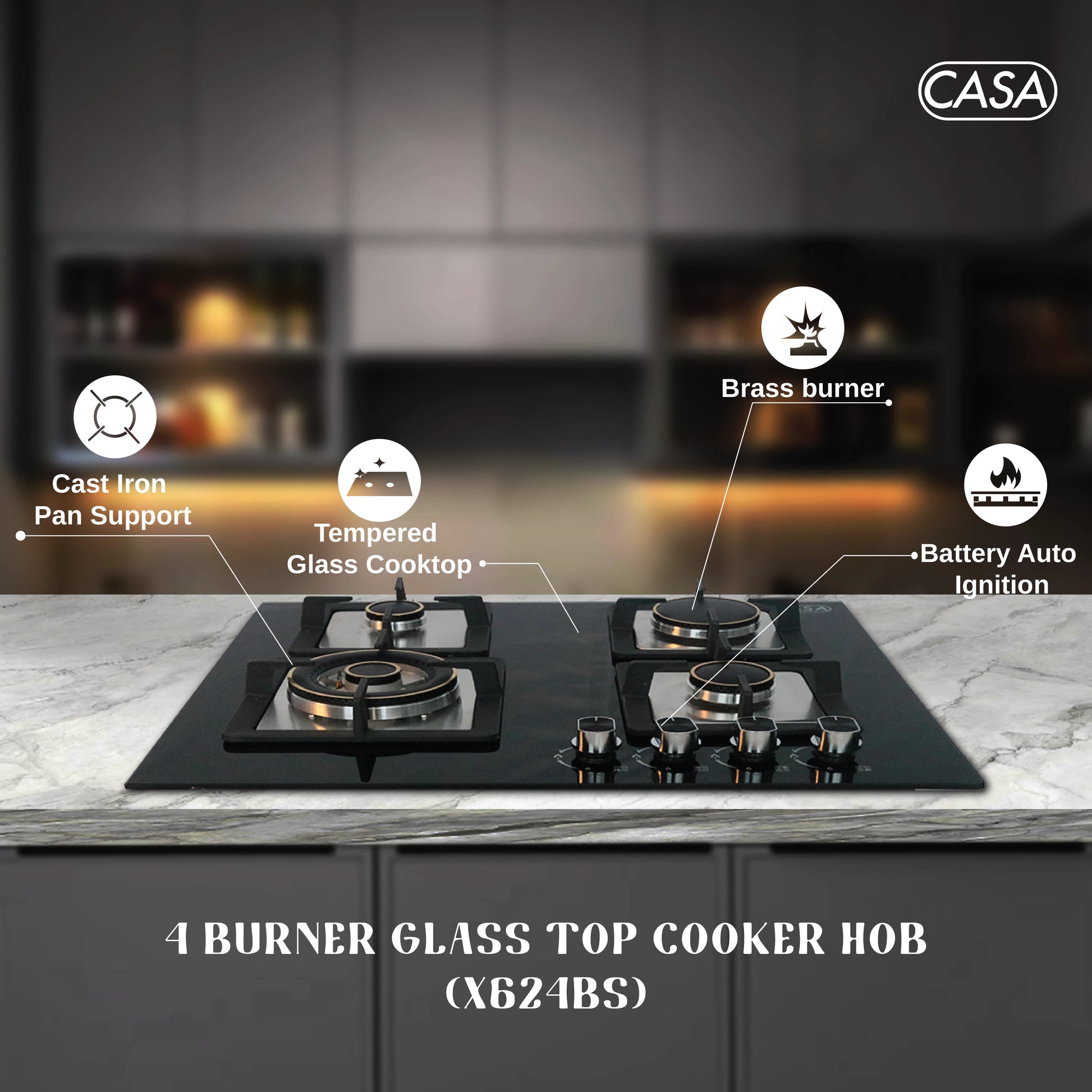 4-BURNER TEMPERED GLASS TOP COOKER HOB