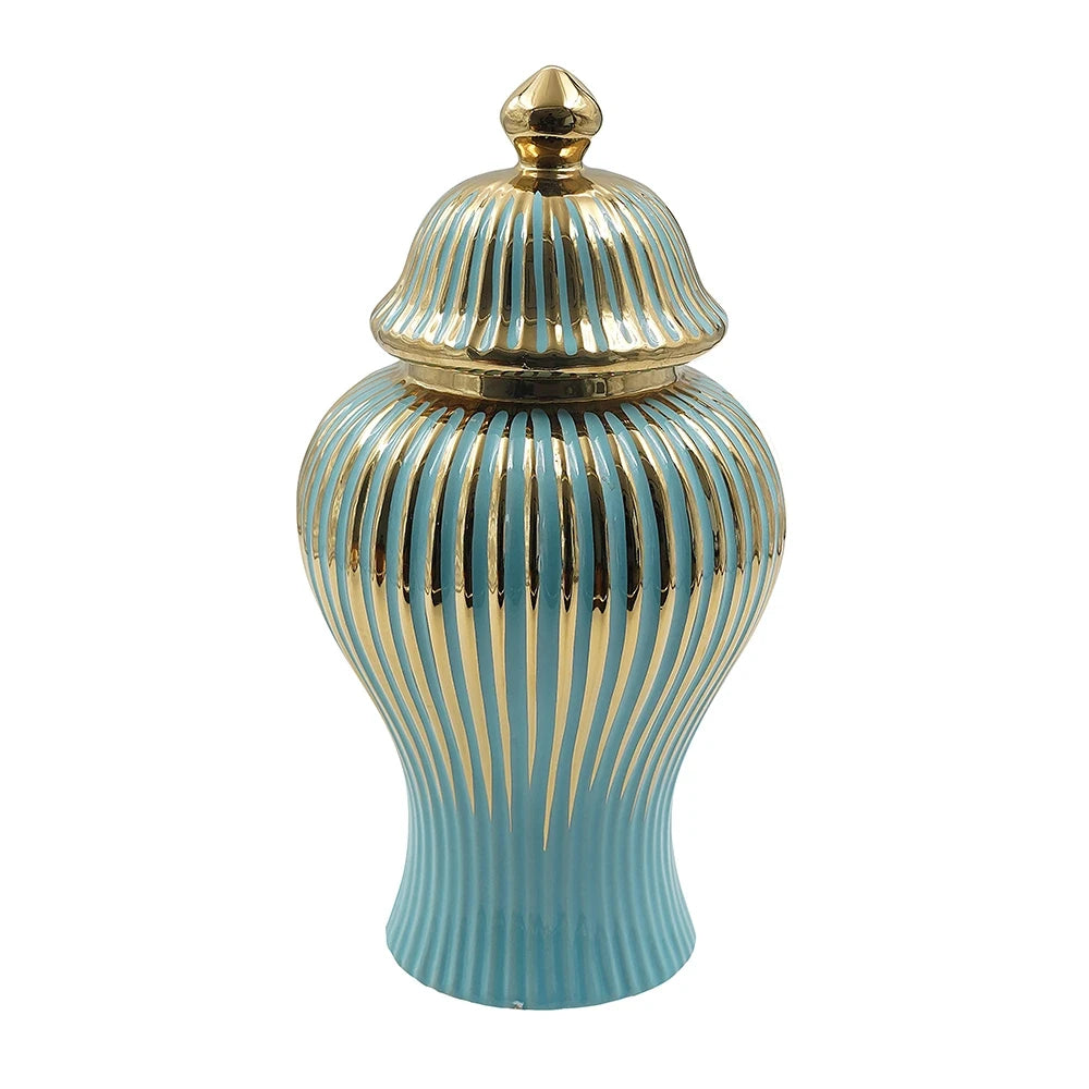GLOSSY BLUE & GOLD CERAMIC JAR COLLECTION WITH LID – DECORATIVE ACCENT VASES - SMALL