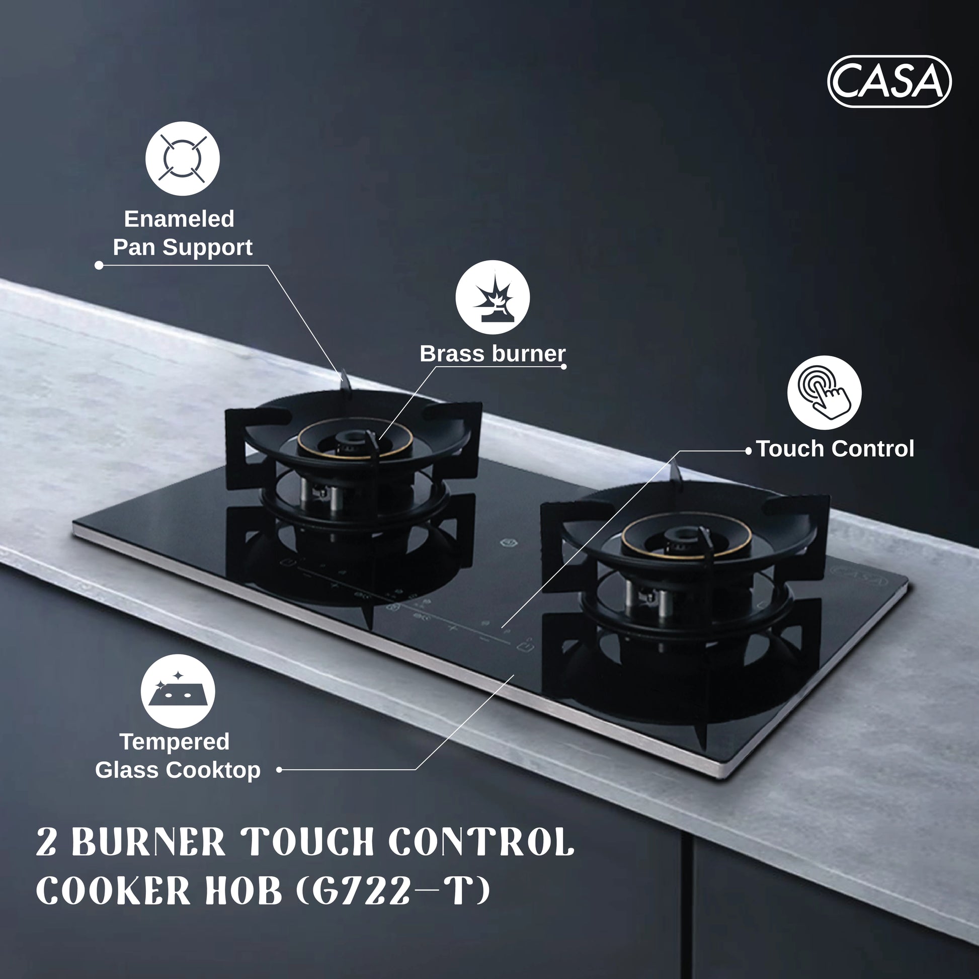 2-BURNER TEMPERED GLASS TOP COOKER HOB (G722-B)