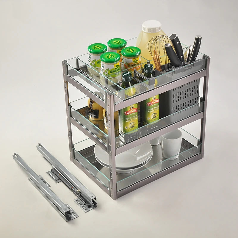 STAINLESS STEEL 3 TIER BOTTLE RACK PULL-OUT BASKET