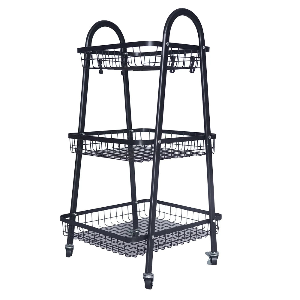 3-Layer Kitchen Storage Basket Rack with Wheels / Multi-Purpose Metal Storage Trolley