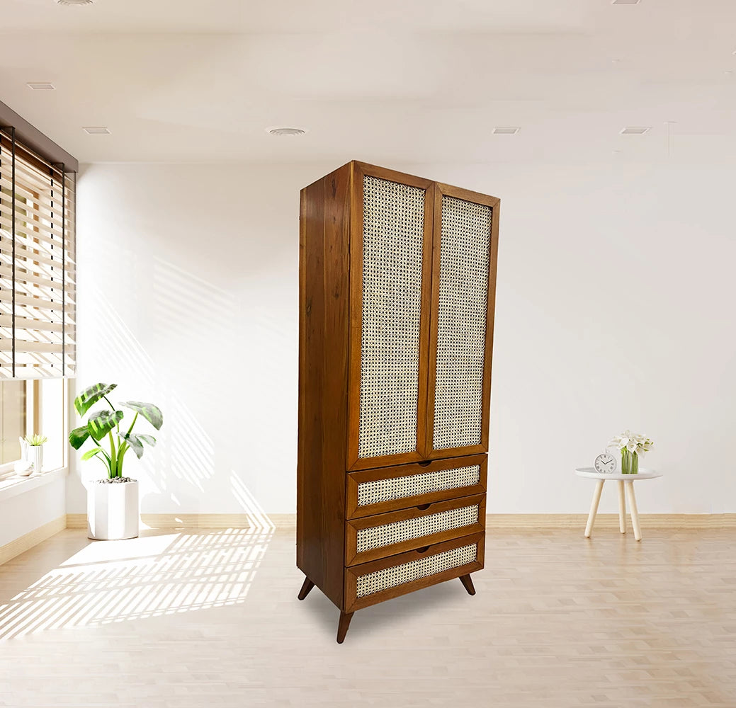 RATTAN DESIGN MAHOGANY CUPBOARD WITH DRAWERS