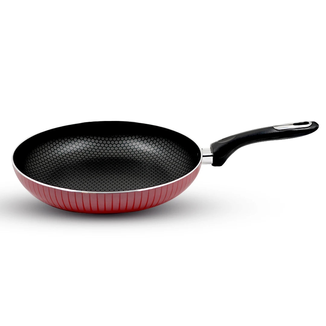 RED STRIPED NON-STICK COOKING PAN WITH GLASS LID-20 x 4.5cm
