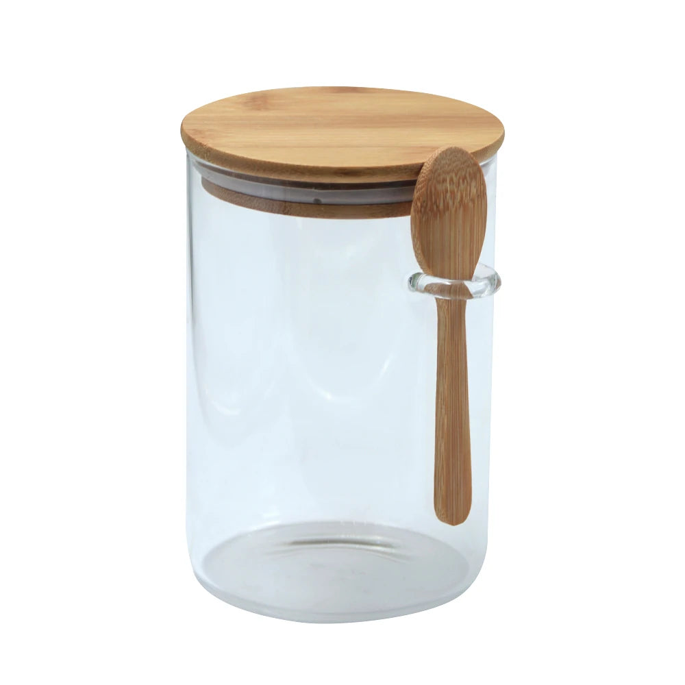 Glass Storage Jar with Wooden Lid & Spoon / Airtight Glass Food Storage Container - Medium