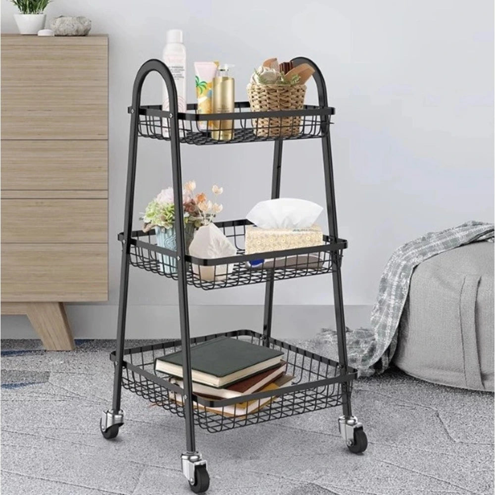 3-Layer Kitchen Storage Basket Rack with Wheels / Multi-Purpose Metal Storage Trolley-Black