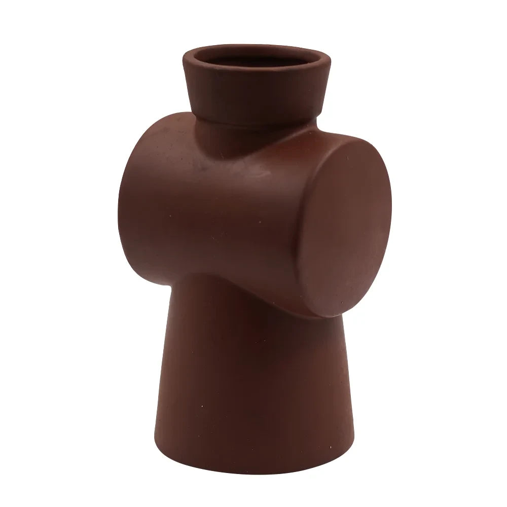 MODERN CROSS-SHAPED CERAMIC VASE | UNIQUE CROSS CYLINDER DESIGN POT - BROWN