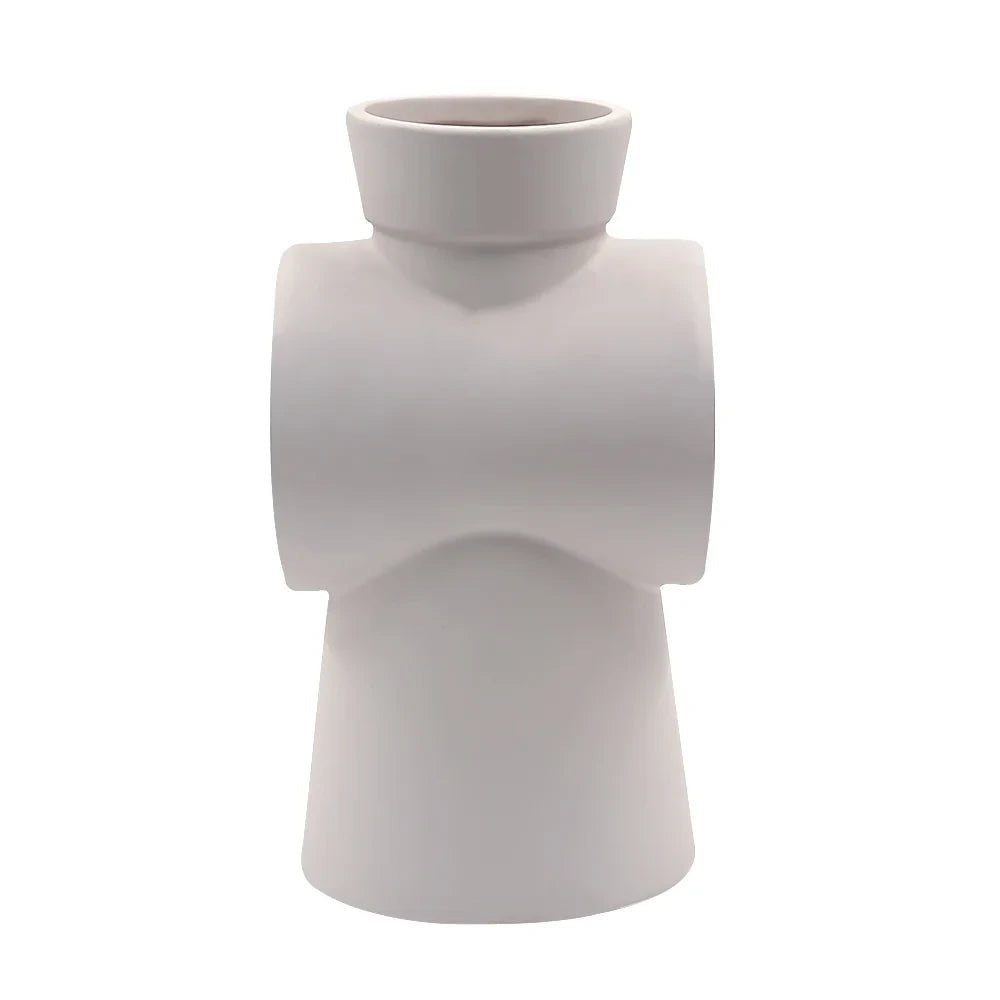 MODERN CROSS-SHAPED CERAMIC VASE | UNIQUE CROSS CYLINDER DESIGN POT - WHITE