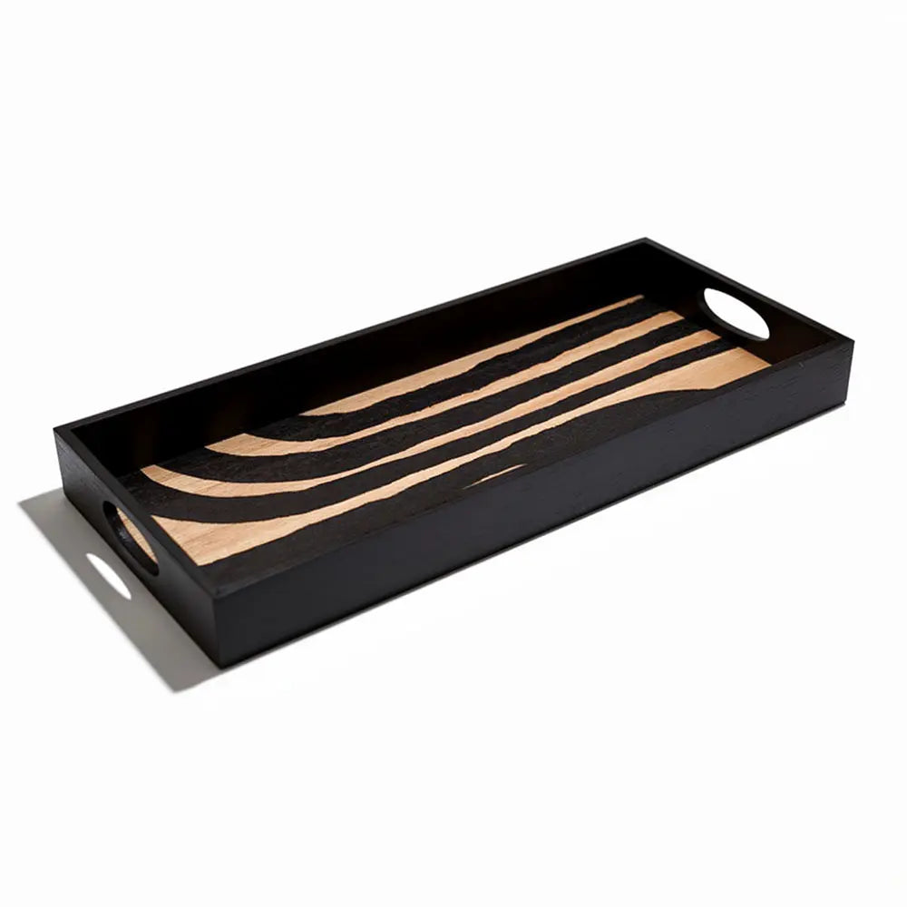 Black Zebra Pattern Wooden Deco Tray with Handles