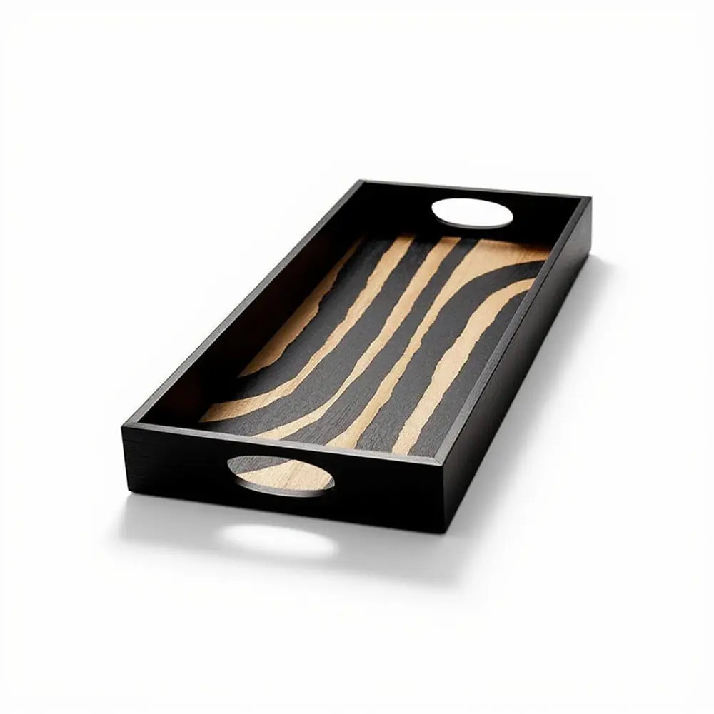 Black Zebra Pattern Wooden Deco Tray with Handles