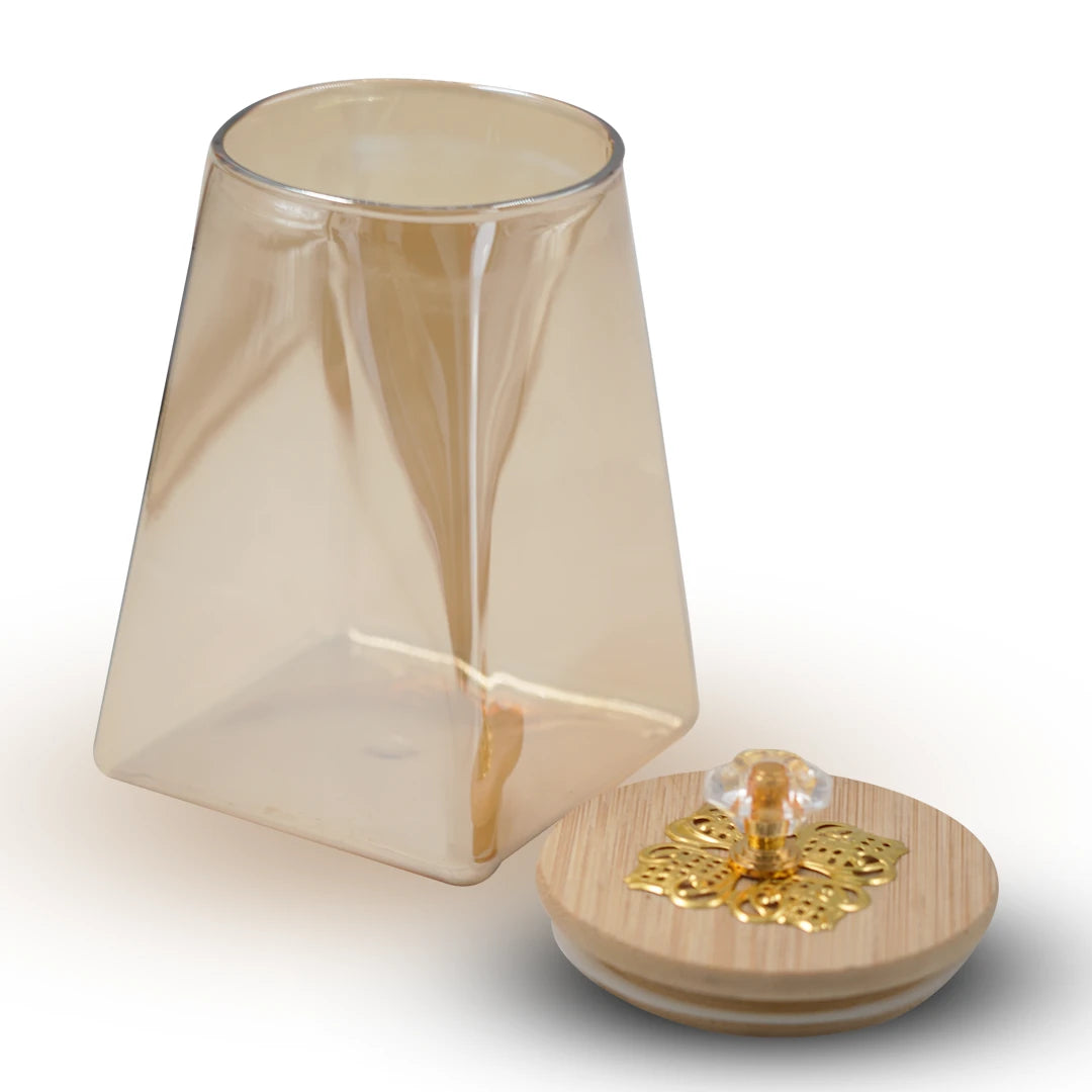 SQUARE BOTTOM GLASS JAR WITH FLORAL CRYSTAL KNOB
