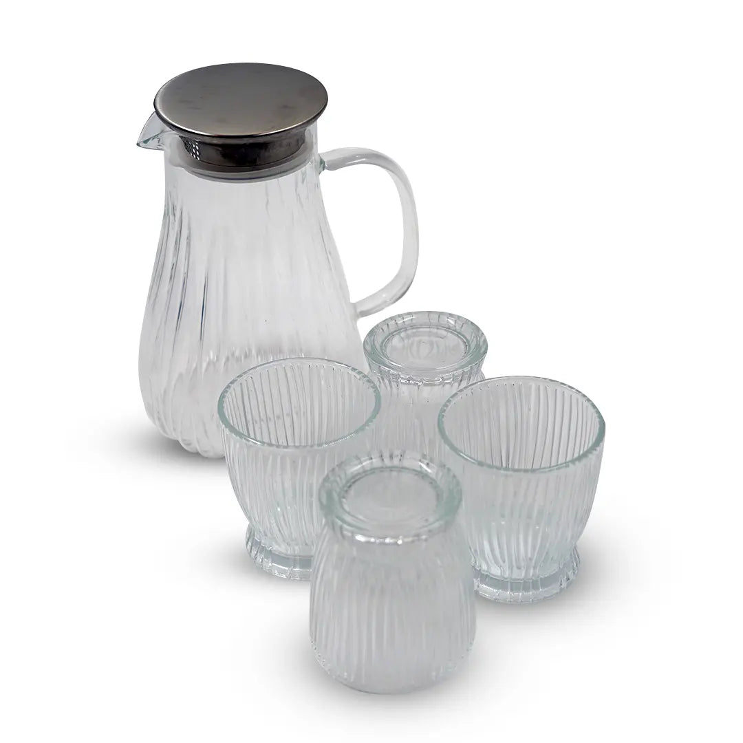 Clear Ribbed Glass Water Jug Set with 4 Cups