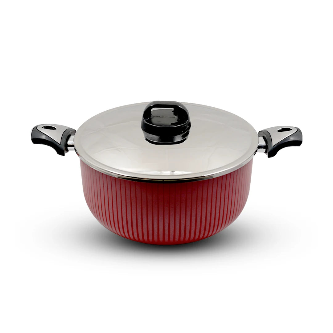 RED STRIPED NON-STICK COOKING POT WITH STAINLESS STEEL LID-24 x 11cm
