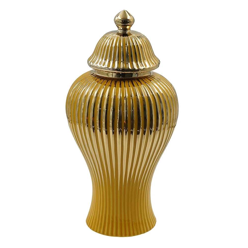 GLOSSY GOLD CERAMIC JAR COLLECTION | MODERN ACCENT VASES WITH LIDS - MEDIUM