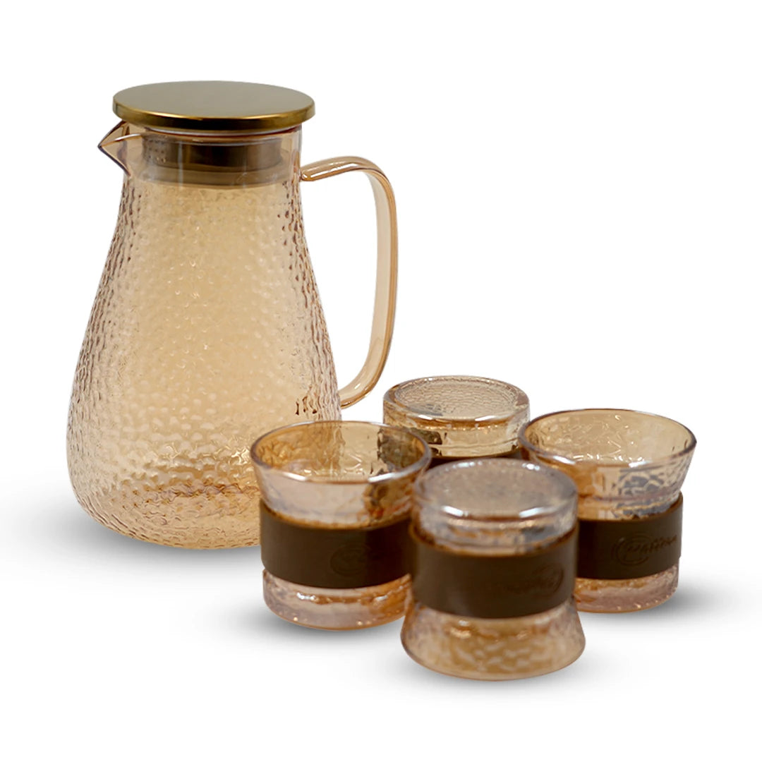 HAMMERED TEXTURE JUG WITH MATCHING GLASS CUP SET / ELEGANCE GLASS JUG & CUP SET