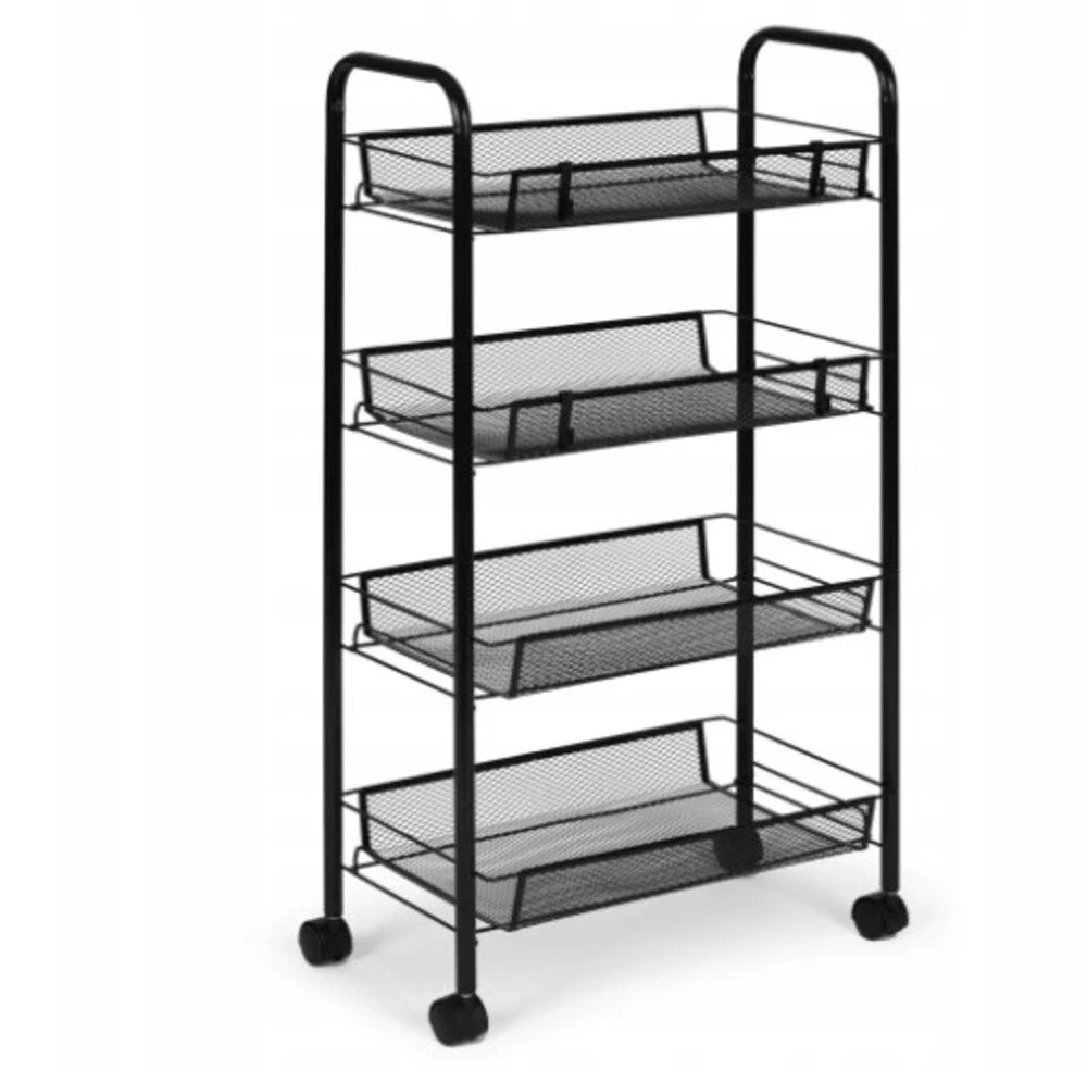4-Tier Metal Mesh Storage Trolley / Multi-Purpose 4-Layer Metal Salon Trolley with Handle-Black