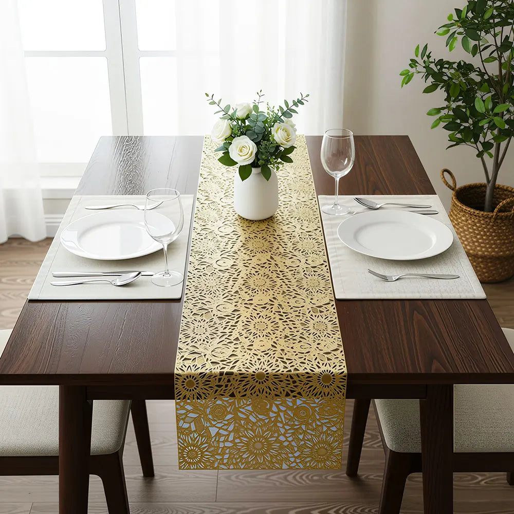 Elegant Gold Floral Lace Table Runner