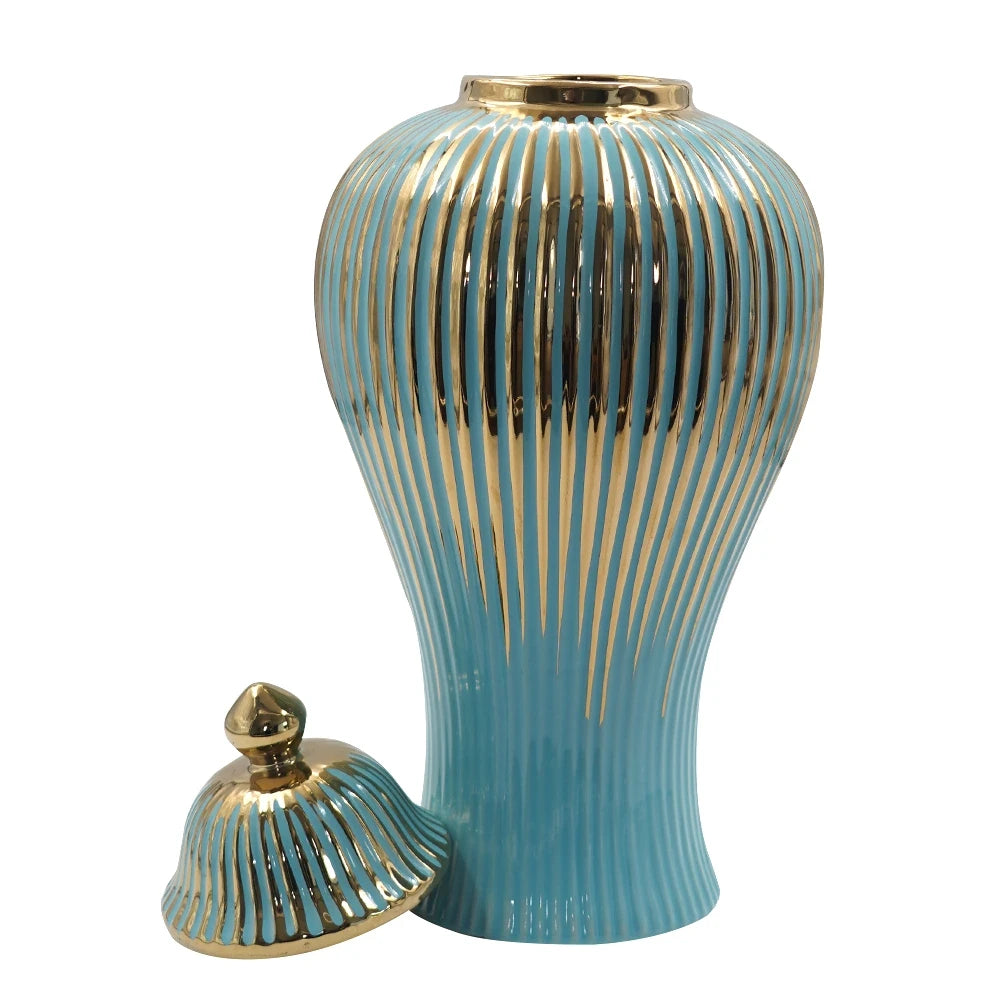 GLOSSY BLUE & GOLD CERAMIC JAR COLLECTION WITH LID – DECORATIVE ACCENT VASES - MEDIUM