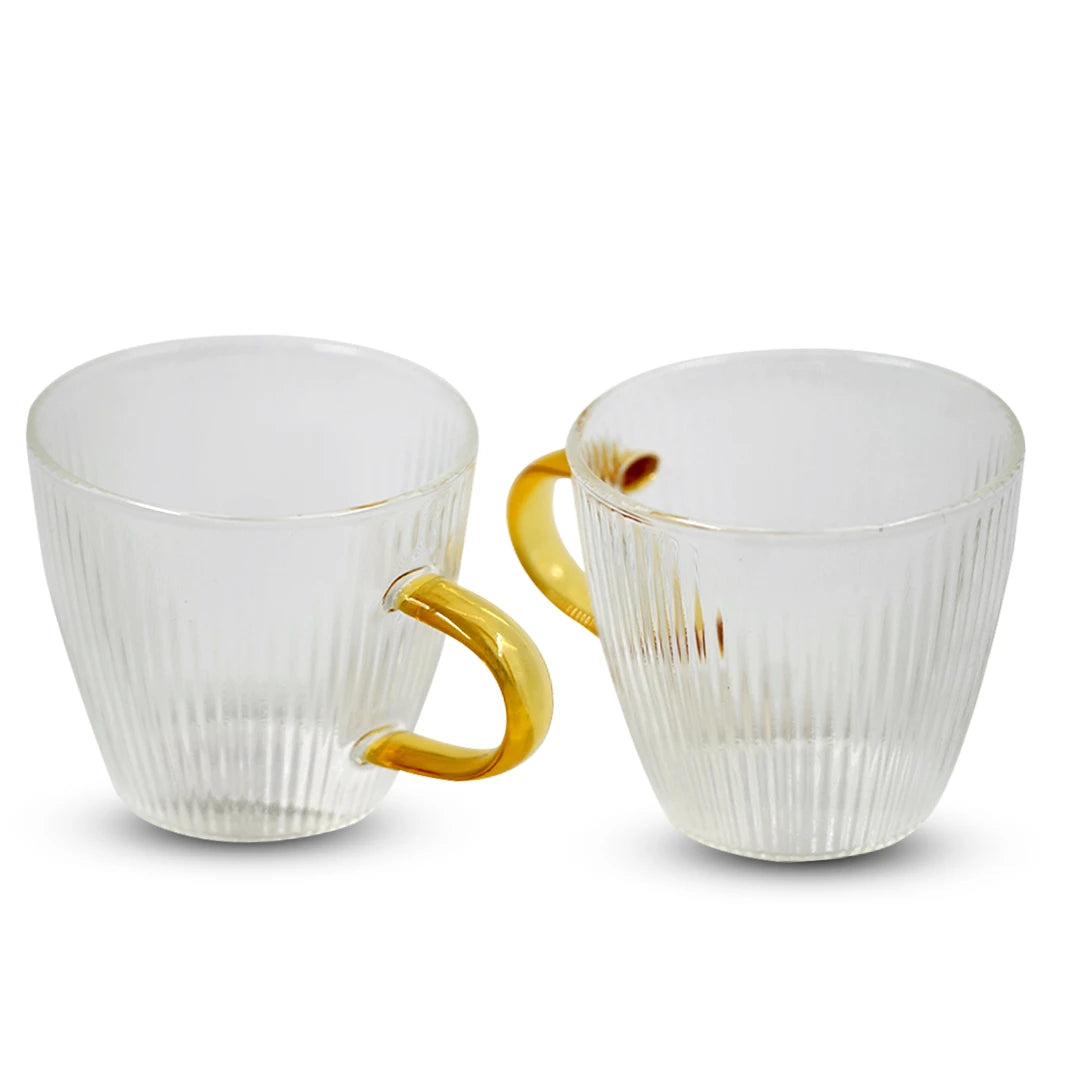 RIBBED GLASS TEA CUP SET WITH GOLDEN HANDLE – 6PCS