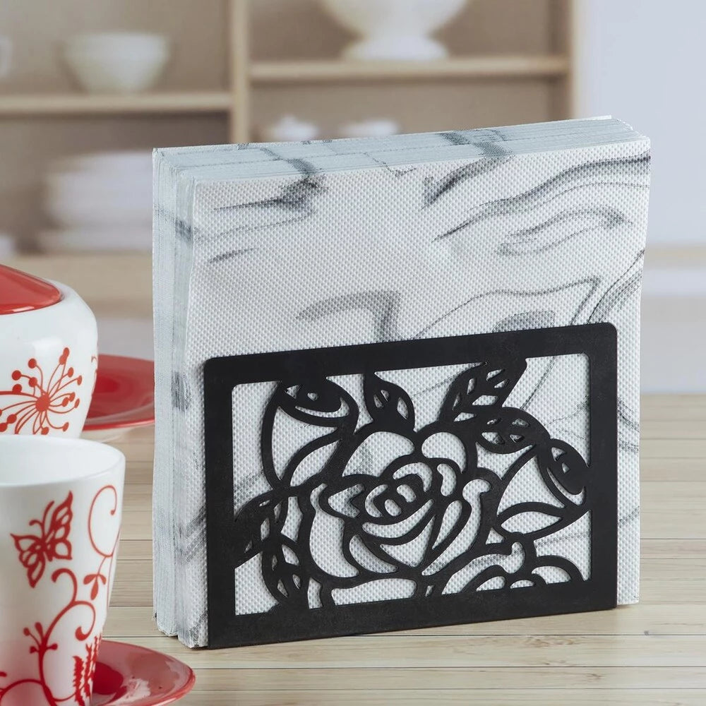 ROSE CUTOUT BLACK METAL TISSUE HOLDER - ELEGANT DECORATIVE TISSUE ORGANIZER