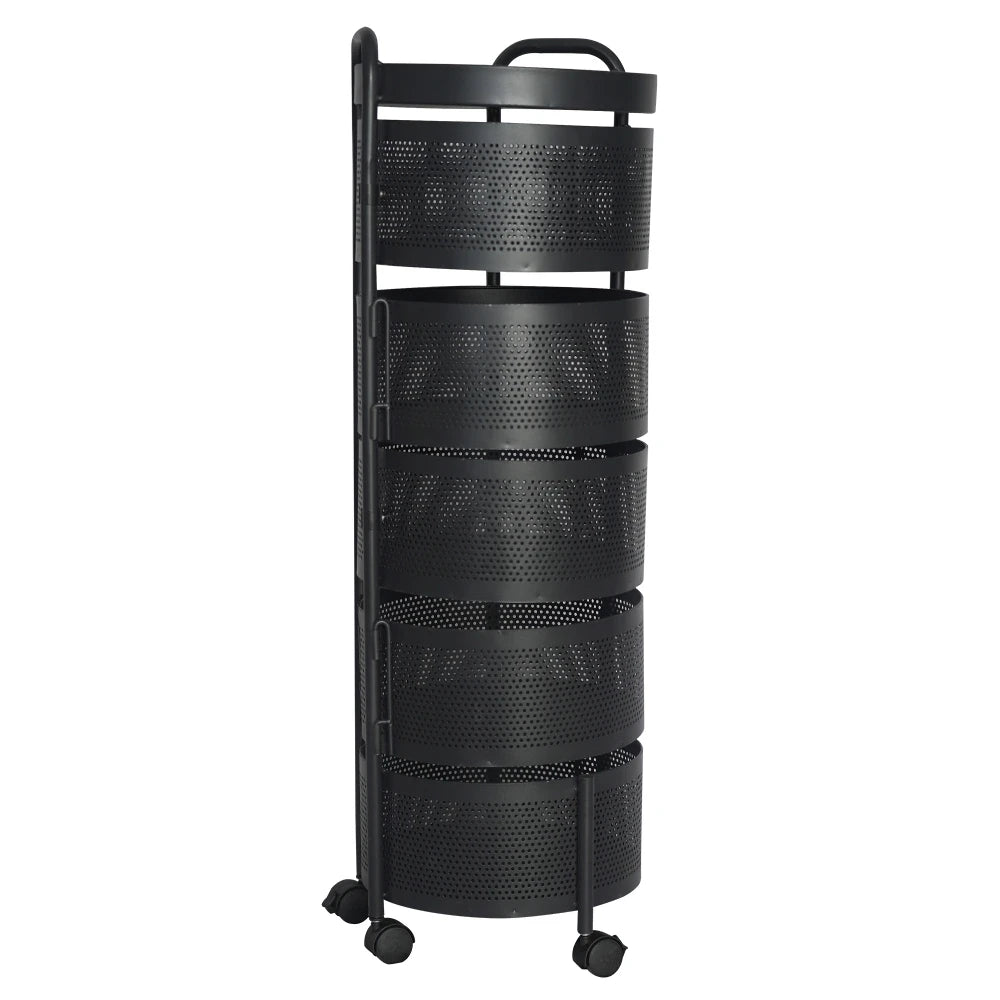 5-Tier Rotating Metal Storage Trolley with Wheels / Black Multi Layer Kitchen Basket Organizer Rack
