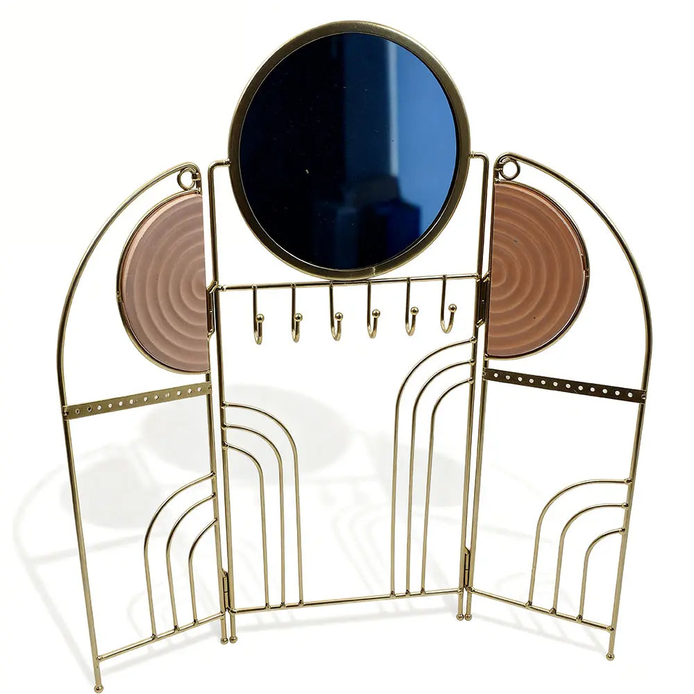 Gold Metal Jewelry Organizer Stand with Mirror