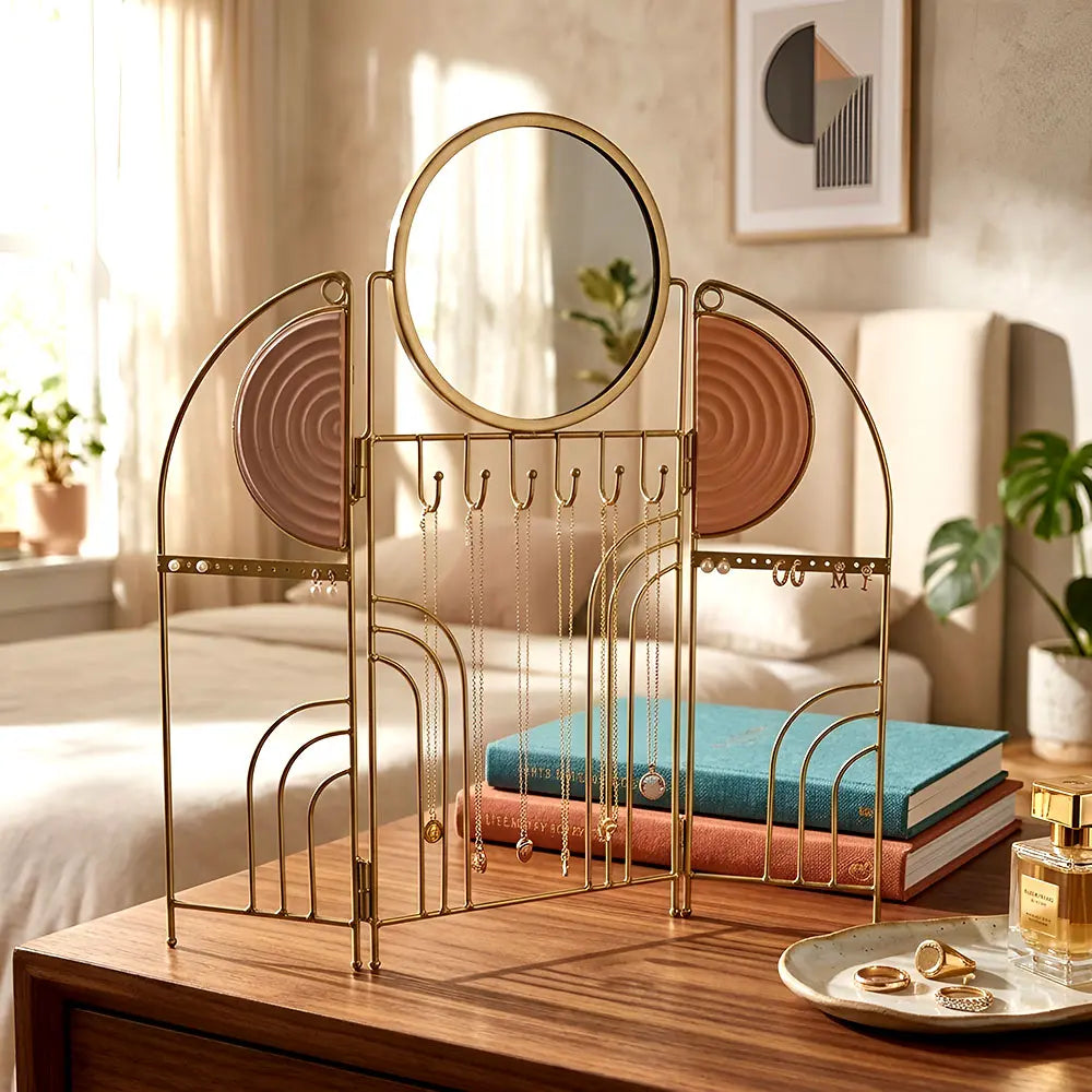 Gold Metal Jewelry Organizer Stand with Mirror
