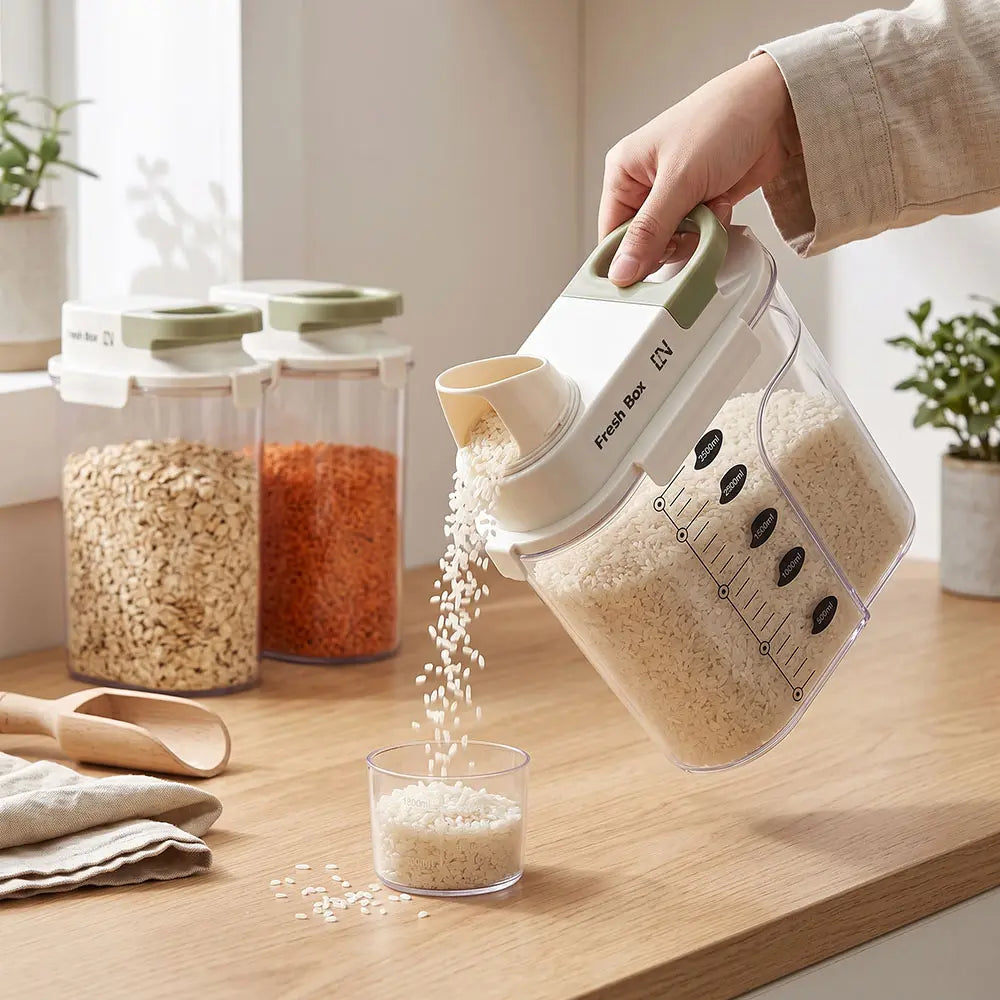 Grain Storage Dispenser with Measuring Cup