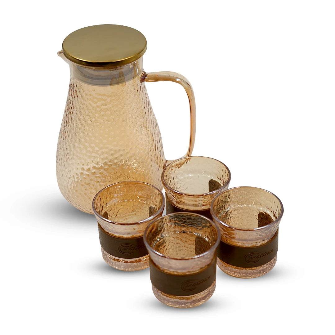 HAMMERED TEXTURE JUG WITH MATCHING GLASS CUP SET / ELEGANCE GLASS JUG & CUP SET