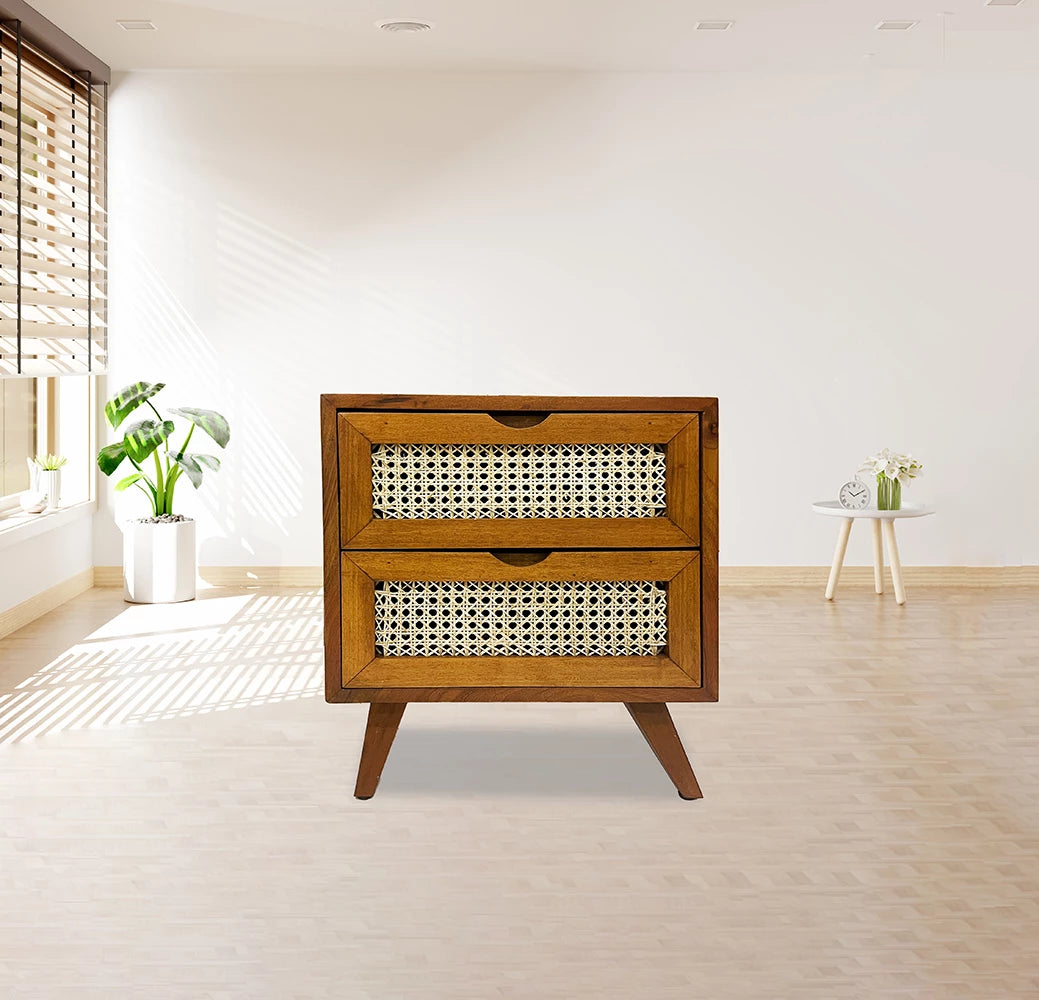 RATTAN DESIGN MAHOGANY BEDSIDE CUPBOARD WITH 2 DRAWERS