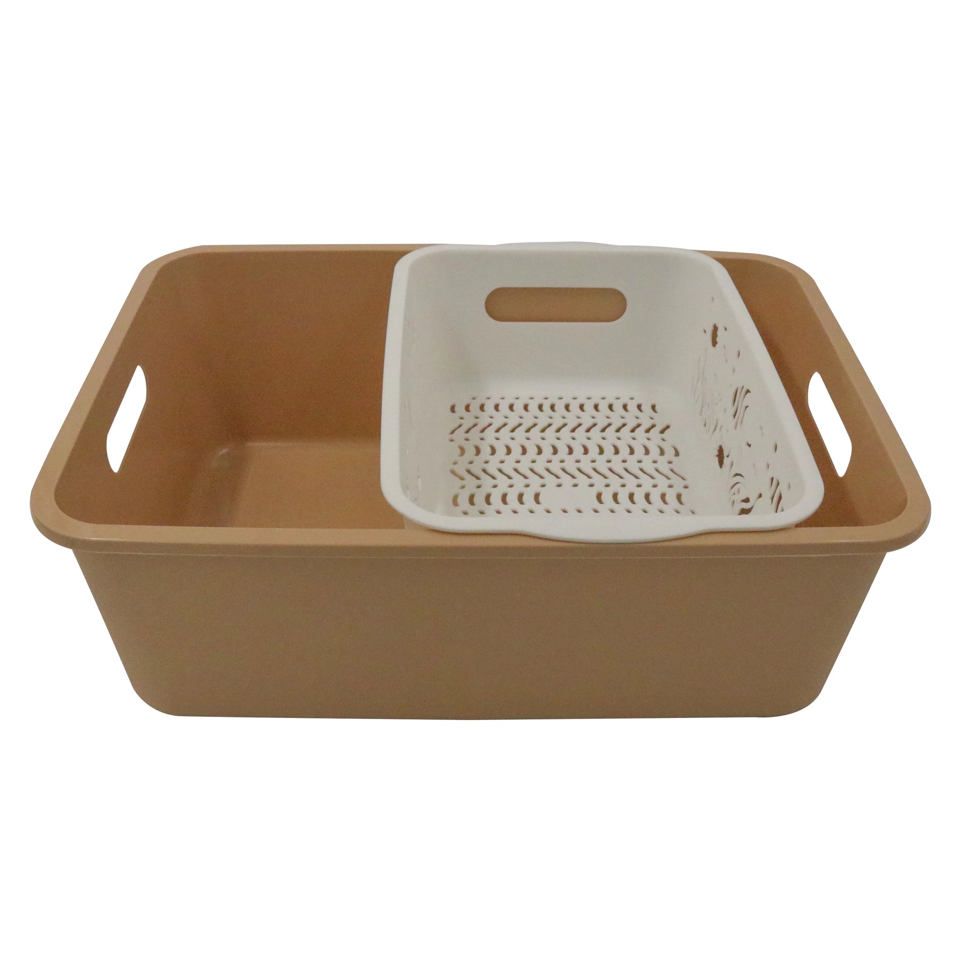 DUAL-COMPARTMENT DRAIN AND STORAGE BASKET-BROWN